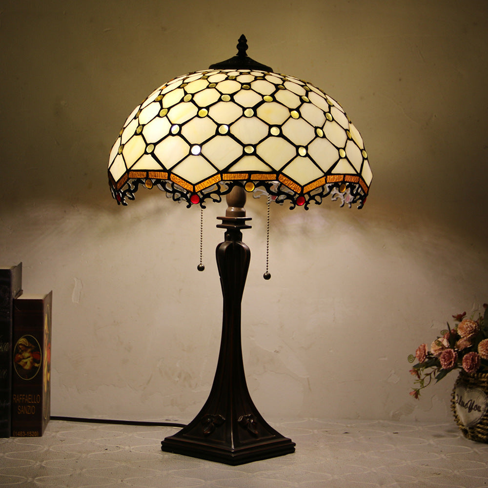 Traditional Tiffany Glass Stained Glass Cone Pull Cord 2-Light Table Lamp for Bedroom