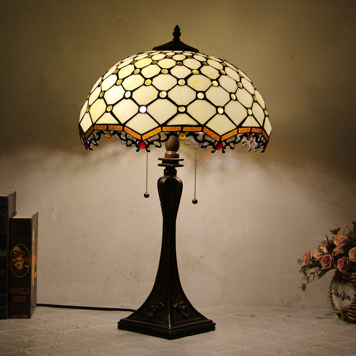 Traditional Tiffany Glass Stained Glass Cone Pull Cord 2-Light Table Lamp for Bedroom
