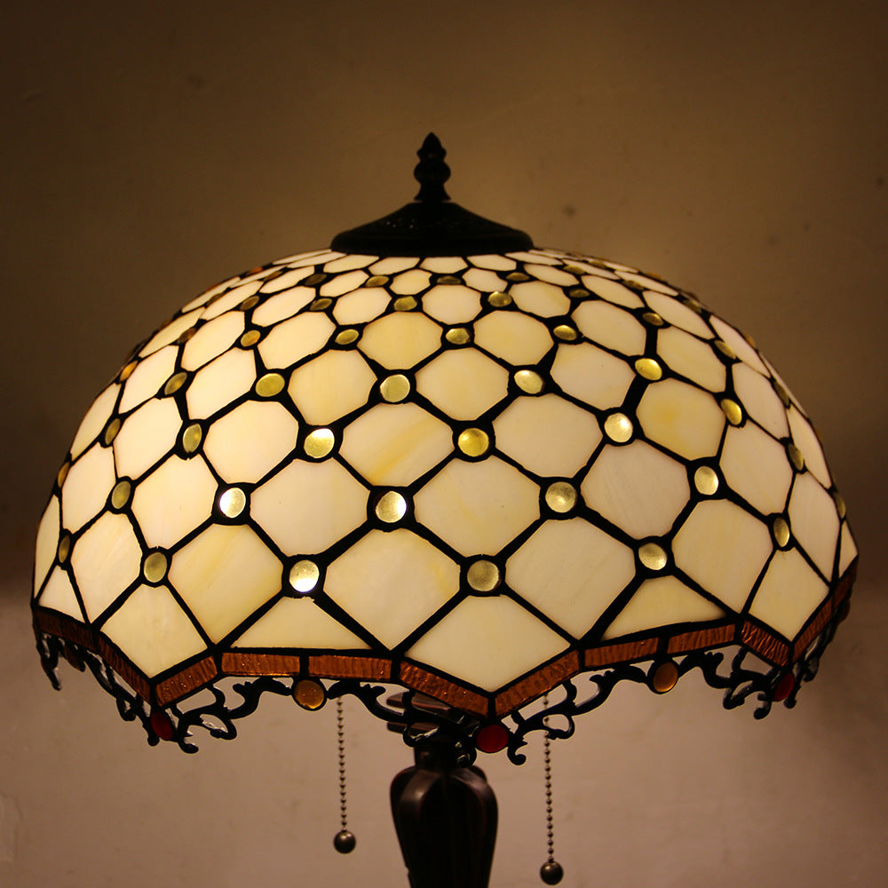Traditional Tiffany Glass Stained Glass Cone Pull Cord 2-Light Table Lamp for Bedroom