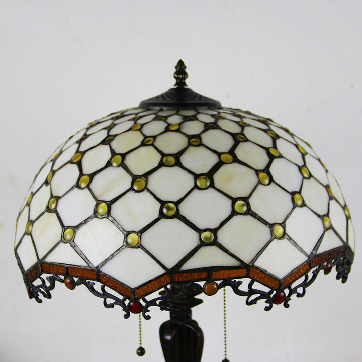 Traditional Tiffany Glass Stained Glass Cone Pull Cord 2-Light Table Lamp for Bedroom
