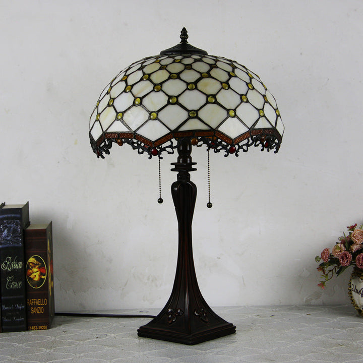 Traditional Tiffany Glass Stained Glass Cone Pull Cord 2-Light Table Lamp for Bedroom