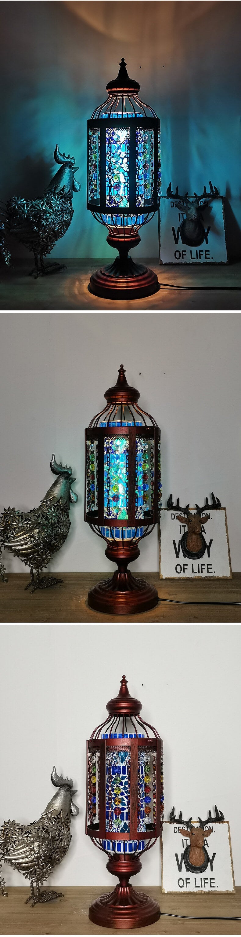Vintage Turkish Table Lamp in Iron &amp; Stained Glass — Living Room Lighting | Havora