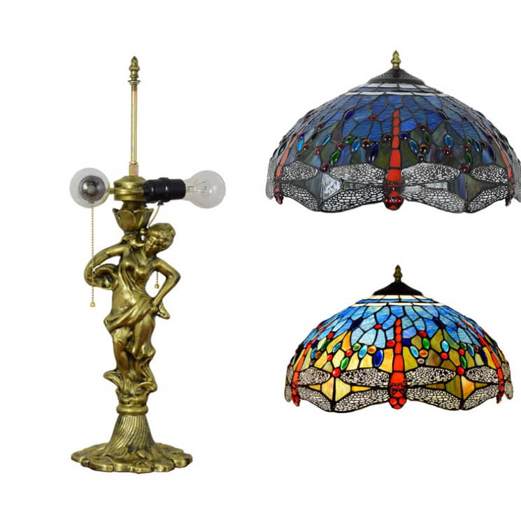 Tiffany Mediterranean Dragonfly Stained Glass 3-Light Zipper Table Lamp