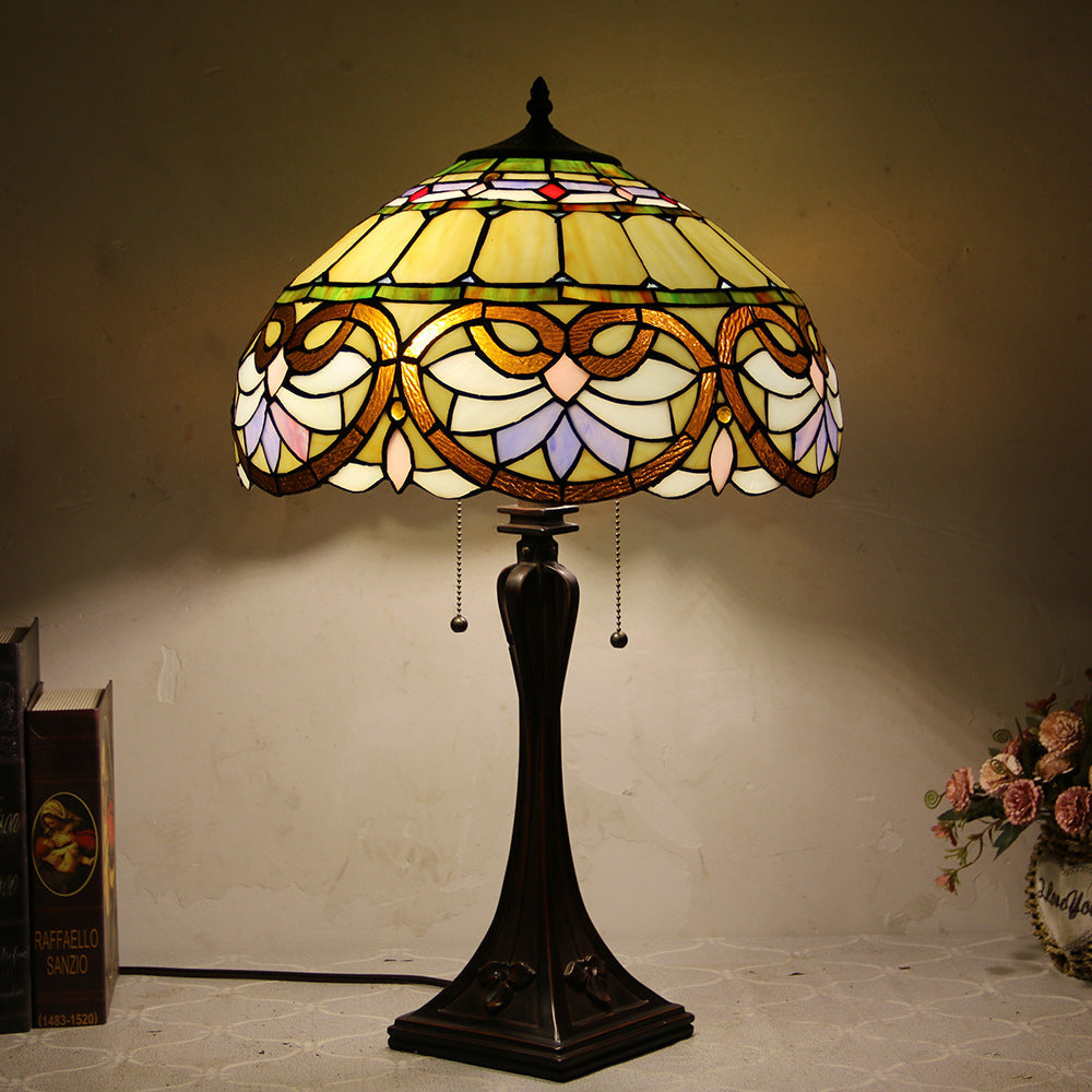 Traditional Tiffany Glass Stained Glass Cone Pull Cord 2-Light Table Lamp for Bedroom