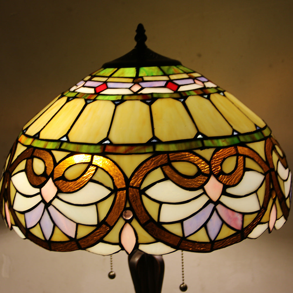 Traditional Tiffany Glass Stained Glass Cone Pull Cord 2-Light Table Lamp for Bedroom