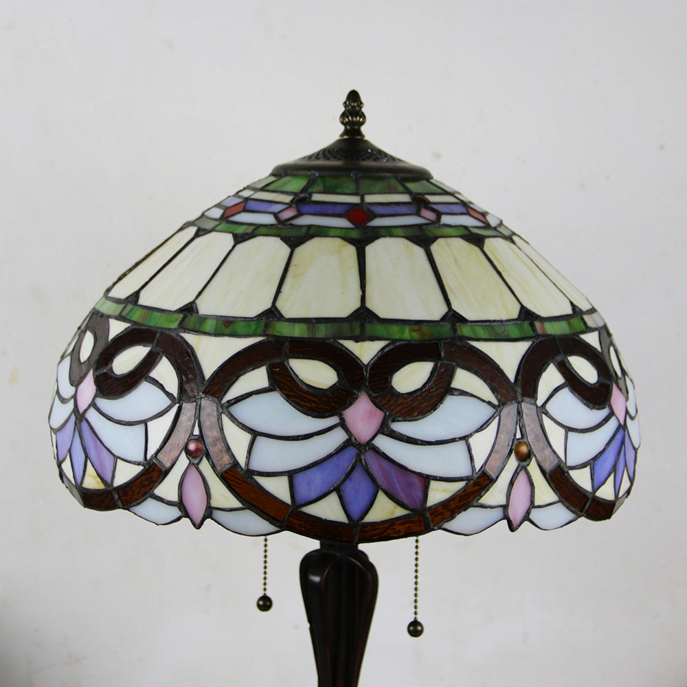 Traditional Tiffany Glass Stained Glass Cone Pull Cord 2-Light Table Lamp for Bedroom