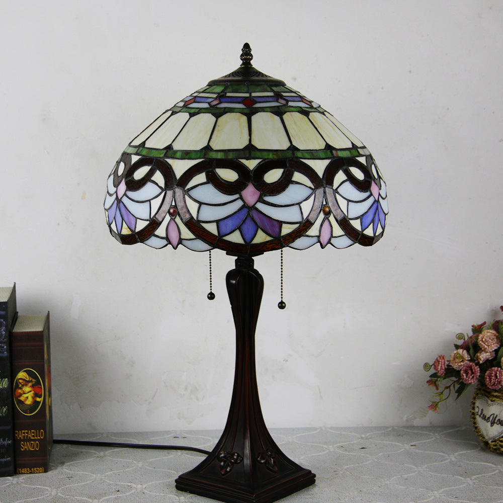 Traditional Tiffany Glass Stained Glass Cone Pull Cord 2-Light Table Lamp for Bedroom