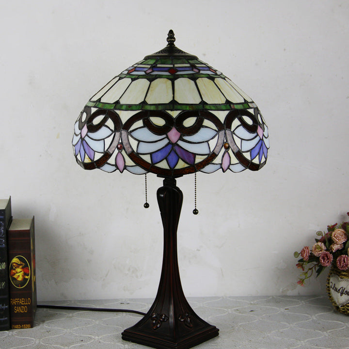 Traditional Tiffany Glass Stained Glass Cone Pull Cord 2-Light Table Lamp for Bedroom