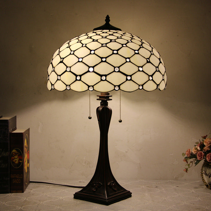 Traditional Tiffany Glass Stained Glass Cone Pull Cord 2-Light Table Lamp for Bedroom