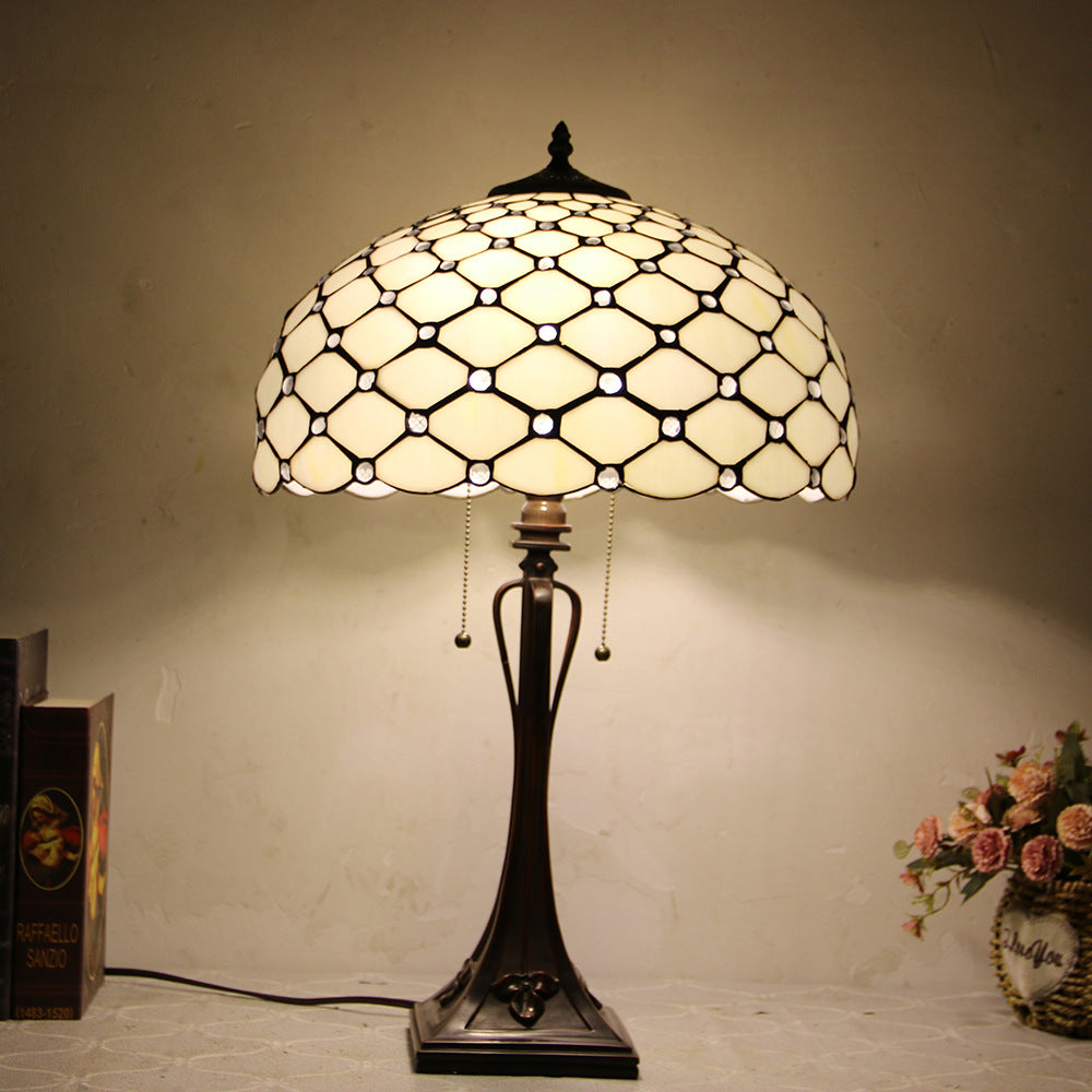 Traditional Tiffany Glass Stained Glass Cone Pull Cord 2-Light Table Lamp for Bedroom
