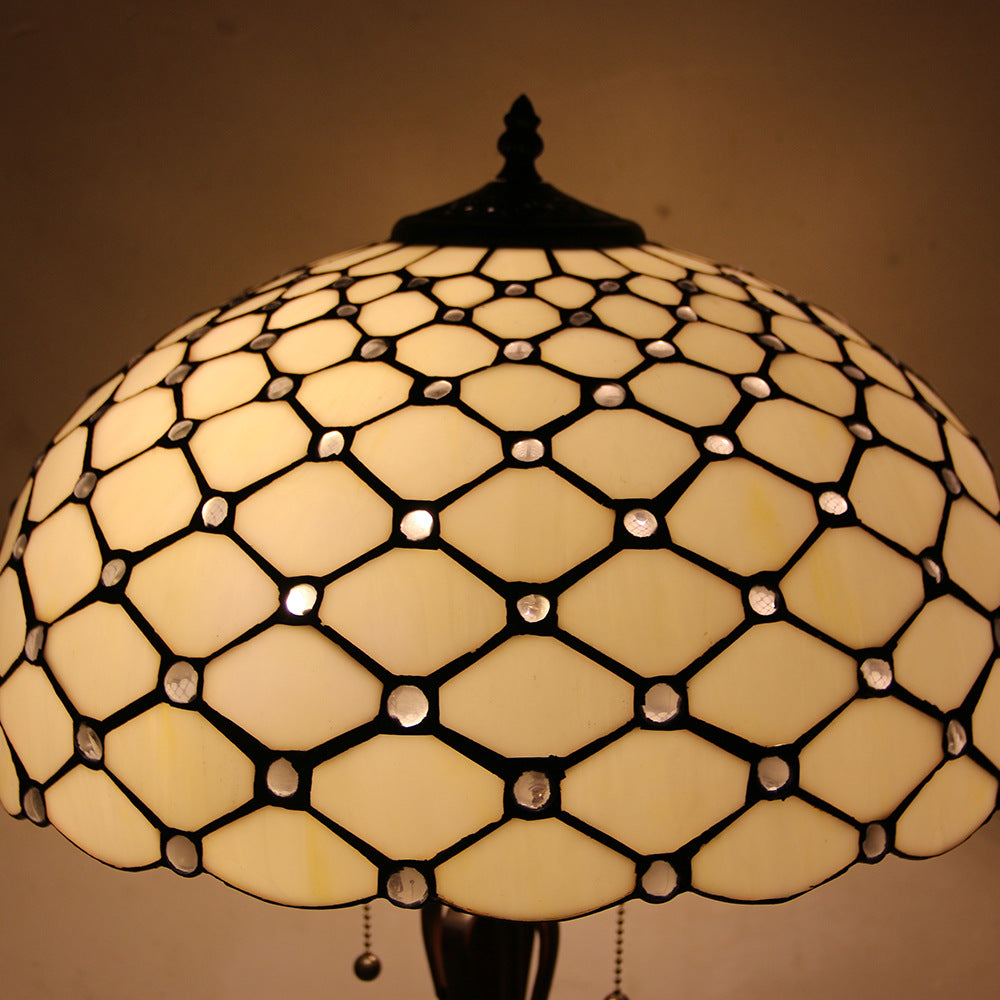 Traditional Tiffany Glass Stained Glass Cone Pull Cord 2-Light Table Lamp for Bedroom