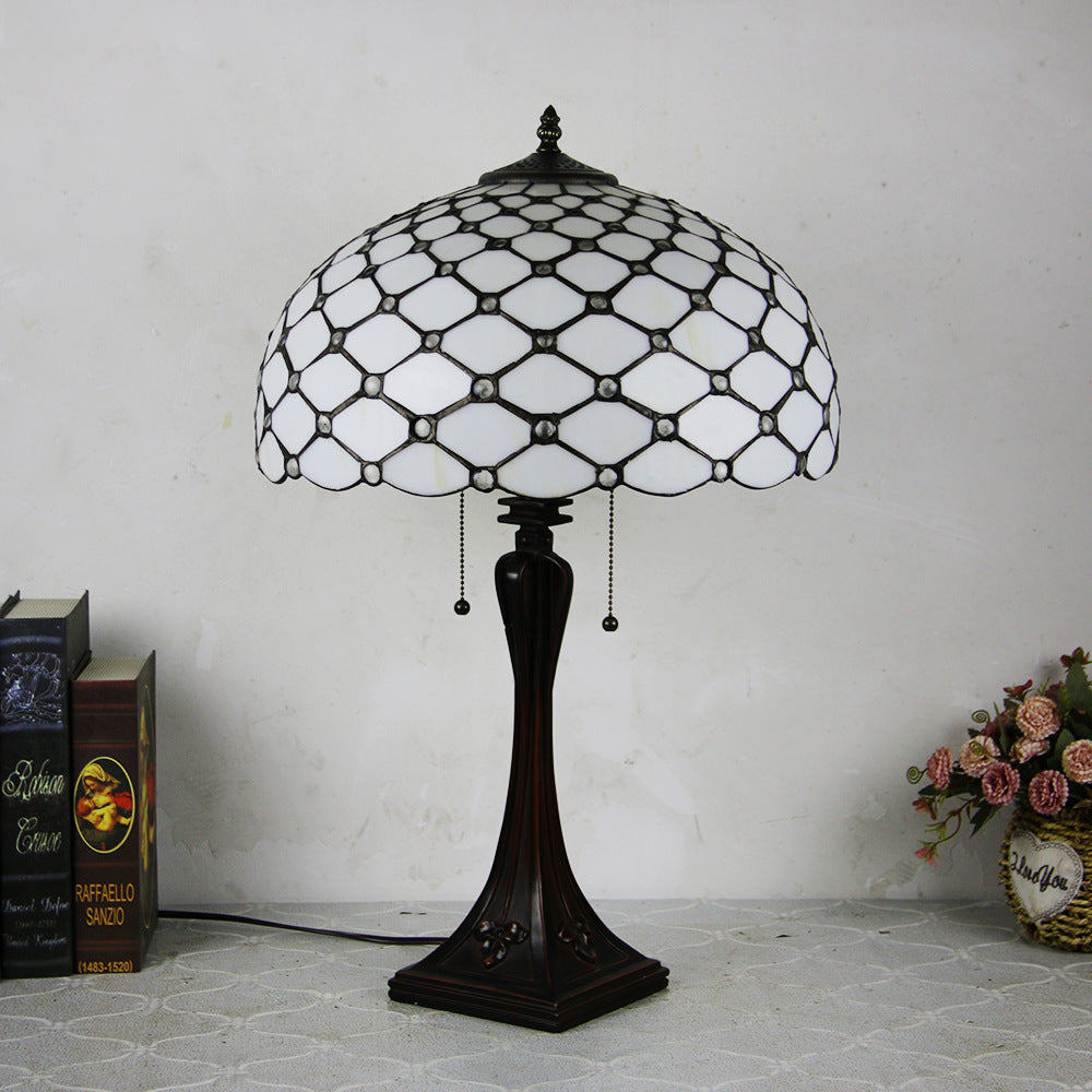 Traditional Tiffany Glass Stained Glass Cone Pull Cord 2-Light Table Lamp for Bedroom
