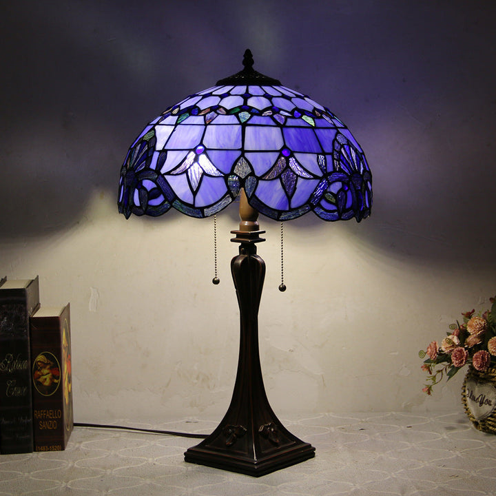 Traditional Tiffany Glass Stained Glass Cone Pull Cord 2-Light Table Lamp for Bedroom