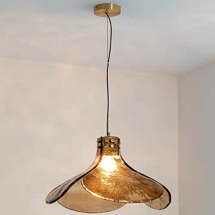 Vintage Amber Glass Floral Brass 1-Light Pendant Light