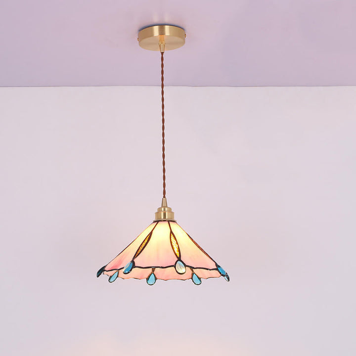Vintage Tiffany Stained Glass Umbrella Shape 1-Light Pendant Light