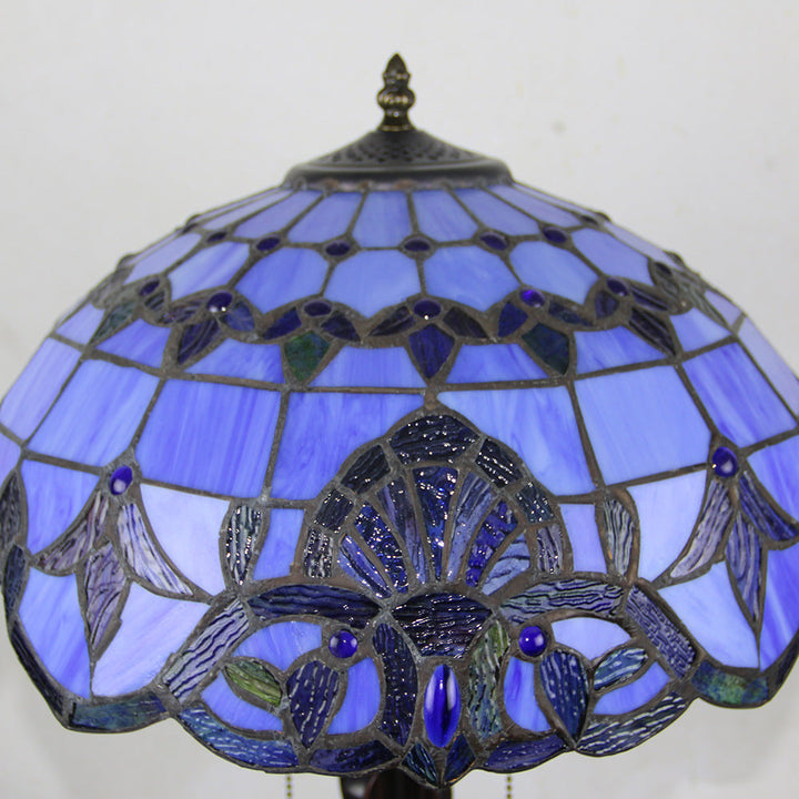 Traditional Tiffany Glass Stained Glass Cone Pull Cord 2-Light Table Lamp for Bedroom