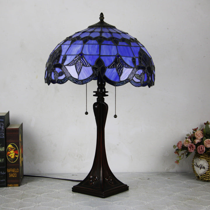 Traditional Tiffany Glass Stained Glass Cone Pull Cord 2-Light Table Lamp for Bedroom
