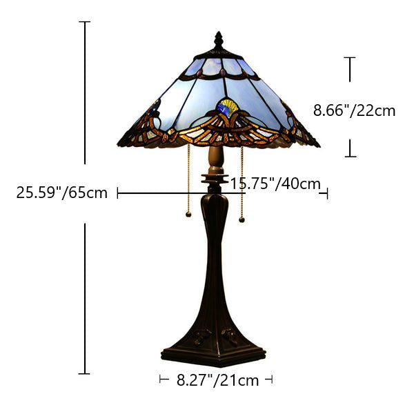 Traditional Tiffany Glass Stained Glass Cone Pull Cord 2-Light Table Lamp for Bedroom