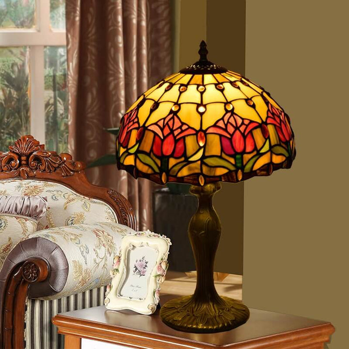Tiffany Style Red Tulip Stained Glass 1-Light Table Lamp