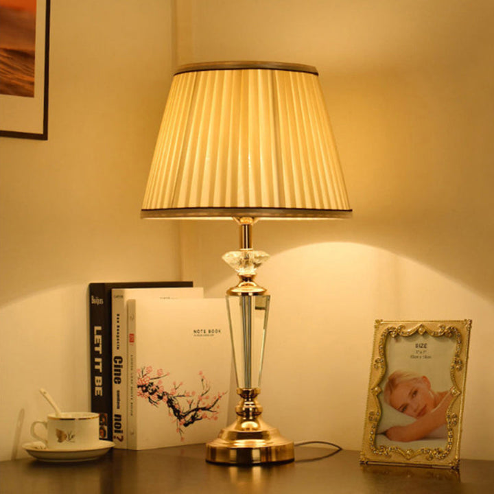 Traditional French Conical Hardware Crystal Fabric 1-Light Table Lamp For Bedroom