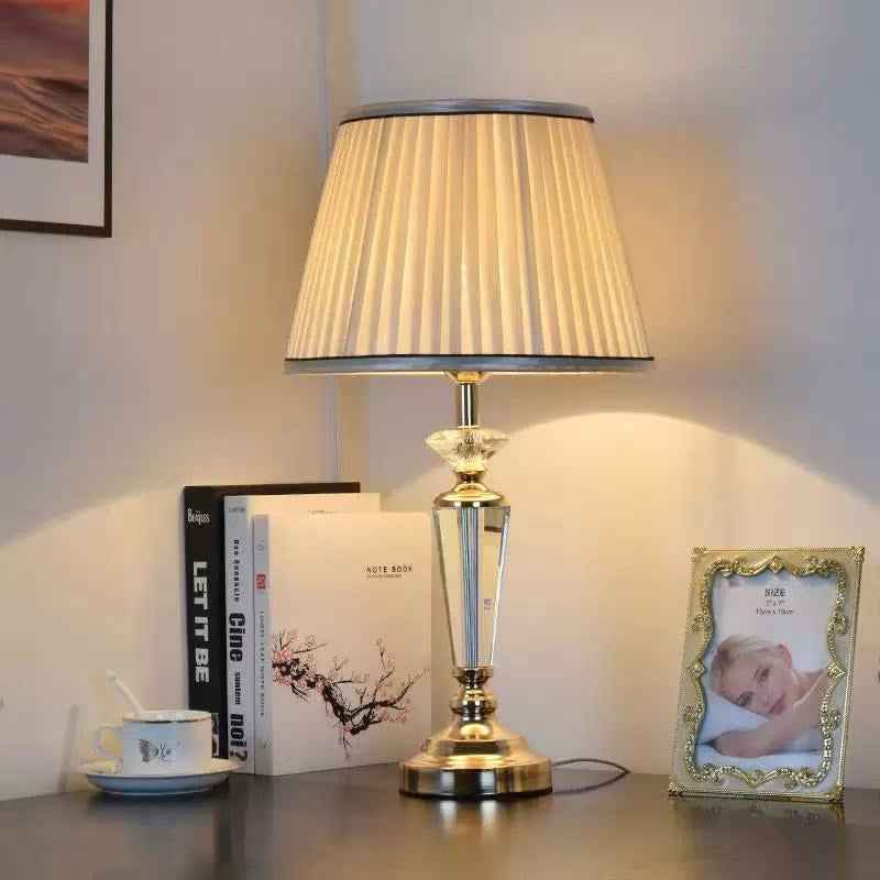 Traditional French Conical Hardware Crystal Fabric 1-Light Table Lamp For Bedroom