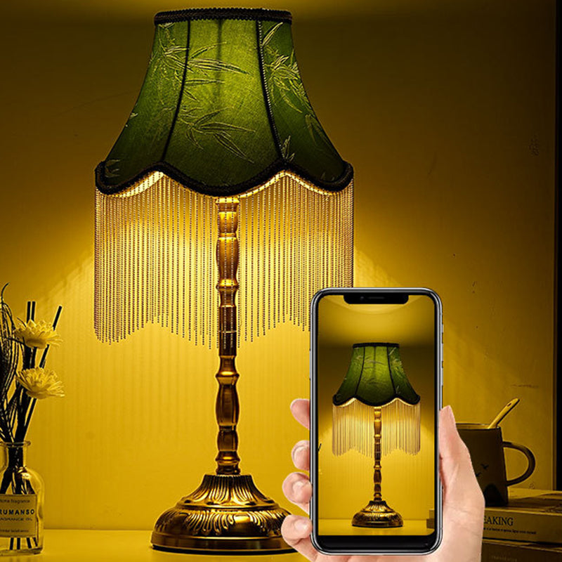 Traditional Vintage Cylindrical Bamboo Pattern Tassel Iron Fabric 1-Light Table Lamp For Bedroom