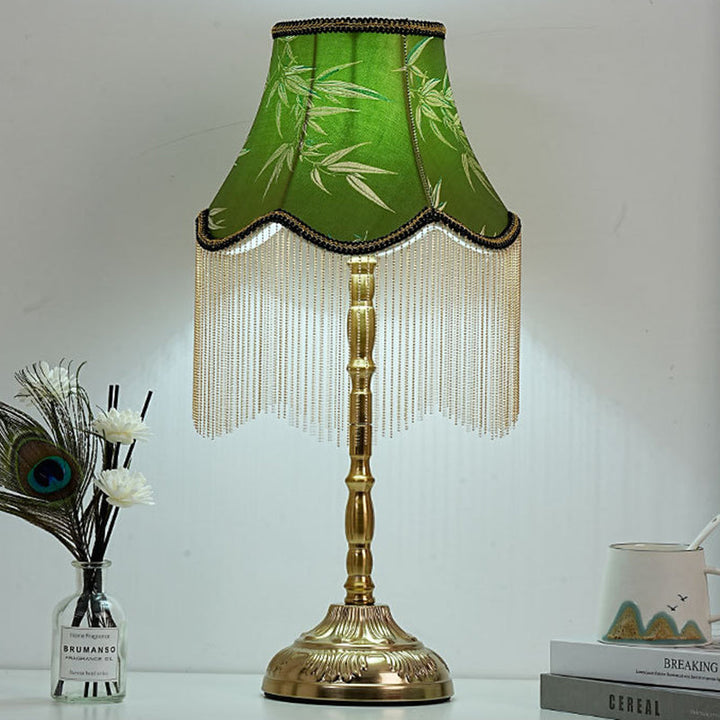 Traditional Vintage Cylindrical Bamboo Pattern Tassel Iron Fabric 1-Light Table Lamp For Bedroom