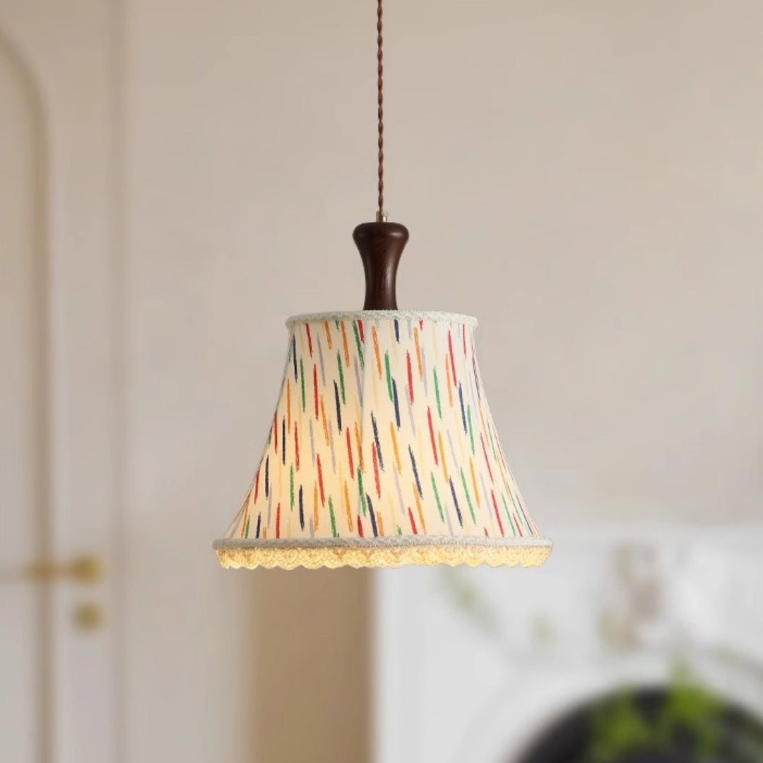 Traditional Vintage Kids Cylindrical Iron Solid Wood Fabric 1-Light Pendant Light For Bedroom