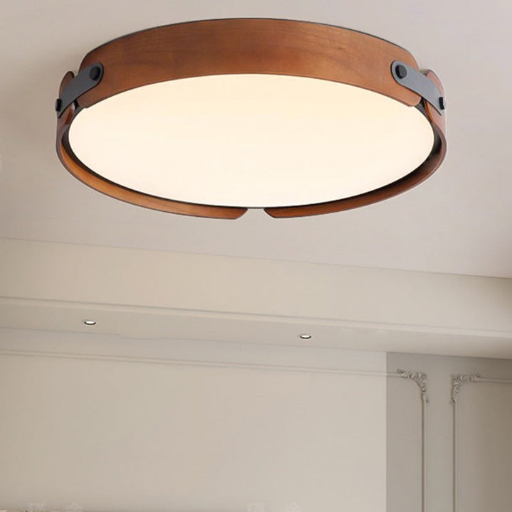Contemporary Nordic Round Wooden Edge LED Flush Mount Ceiling Light For Bedroom