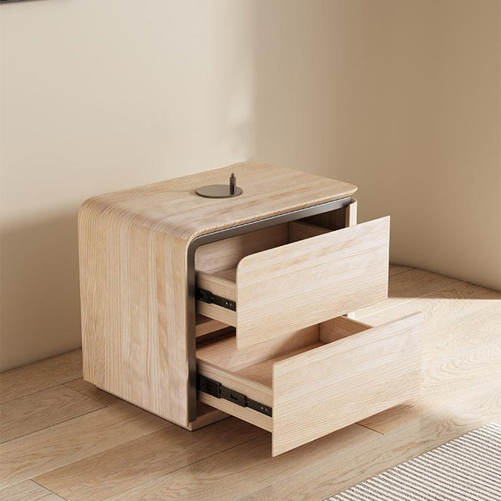 Modern Minimalist Rounded-Edge Microfiber Leather Solid Wood Nightstand 2-Drawer For Bedroom