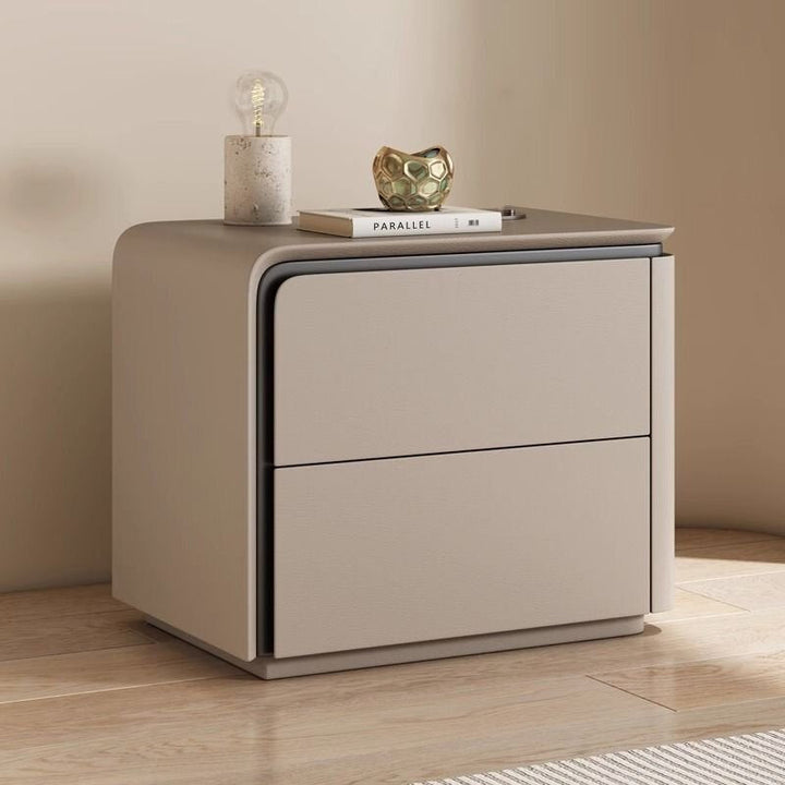 Modern Minimalist Rounded-Edge Microfiber Leather Solid Wood Nightstand 2-Drawer For Bedroom