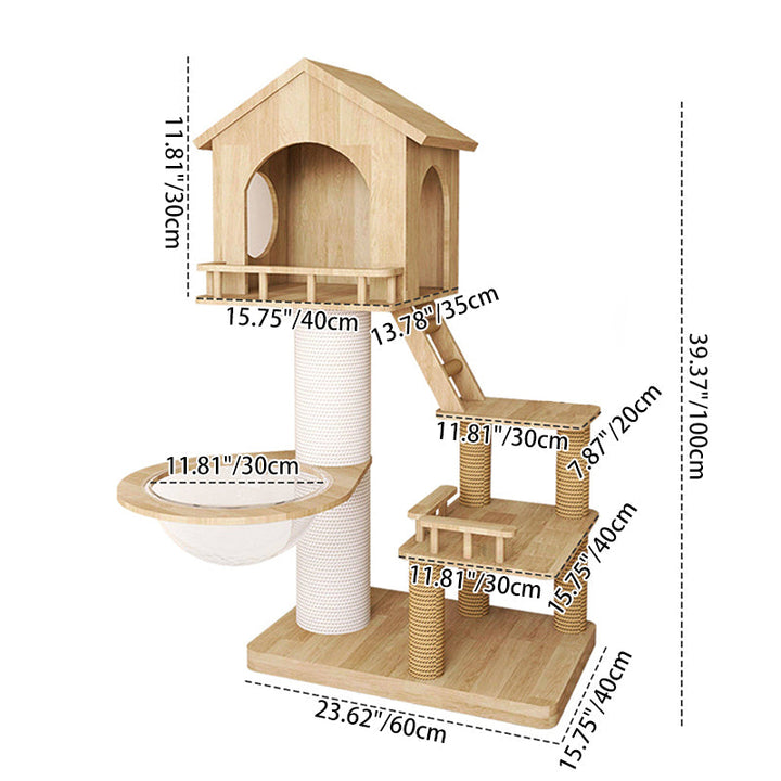 Contemporary Scandinavian Rectangular Rubberwood Paper Tube Hemp Rope 2-Condo 2-Perch Cat Tree For Bedroom
