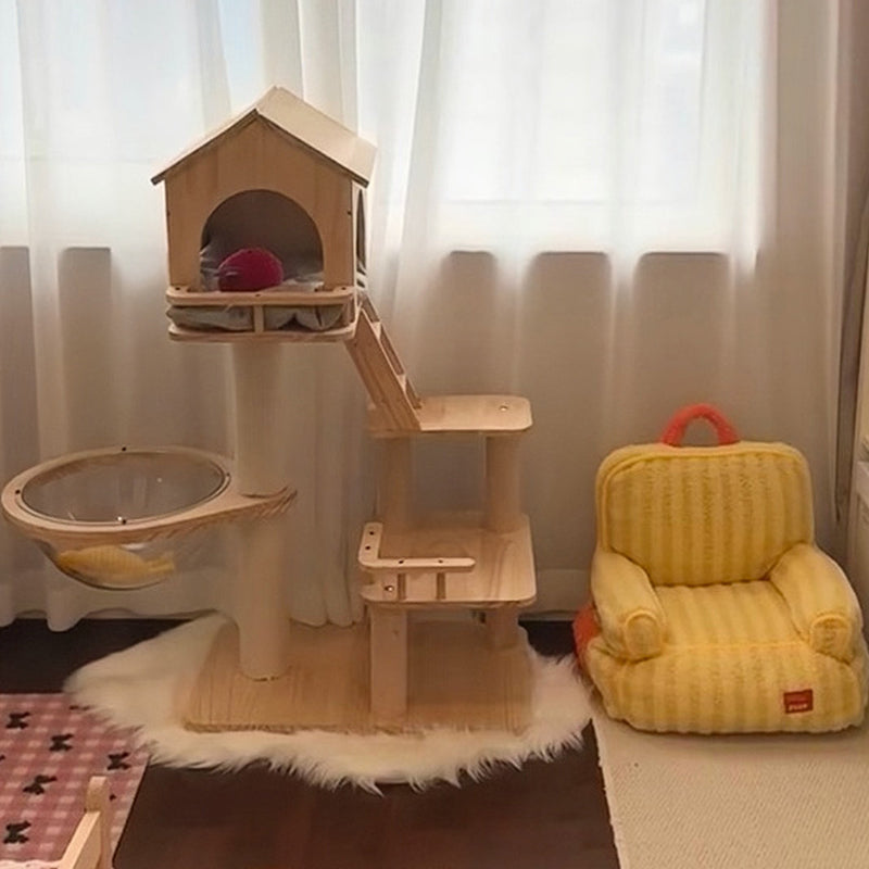 Contemporary Scandinavian Rectangular Rubberwood Paper Tube Hemp Rope 2-Condo 2-Perch Cat Tree For Bedroom