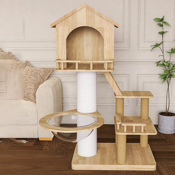 Contemporary Scandinavian Rectangular Rubberwood Paper Tube Hemp Rope 2-Condo 2-Perch Cat Tree For Bedroom