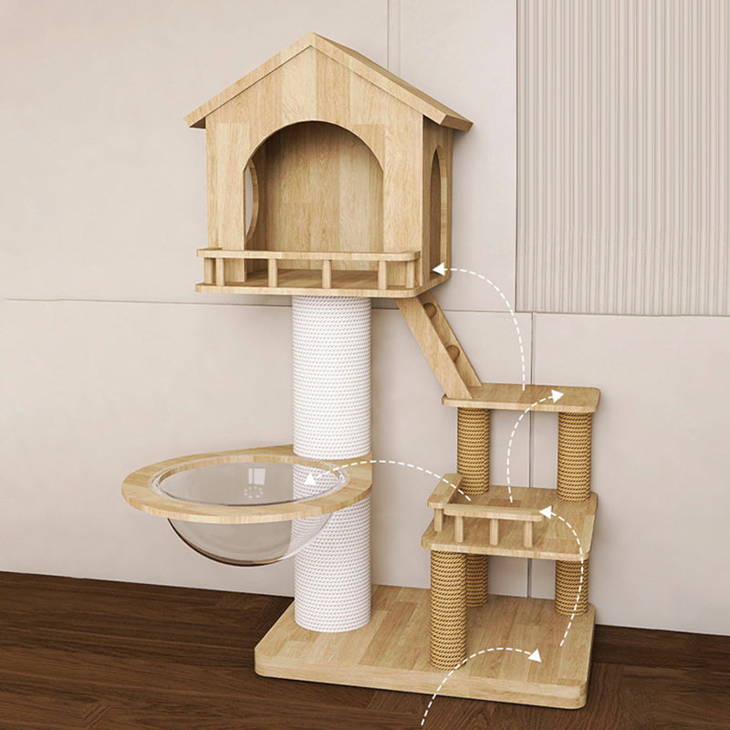 Contemporary Scandinavian Rectangular Rubberwood Paper Tube Hemp Rope 2-Condo 2-Perch Cat Tree For Bedroom