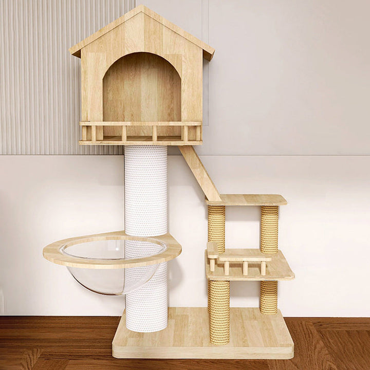 Contemporary Scandinavian Rectangular Rubberwood Paper Tube Hemp Rope 2-Condo 2-Perch Cat Tree For Bedroom