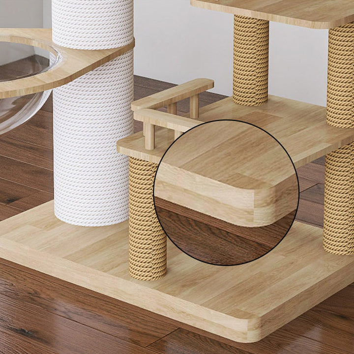 Contemporary Scandinavian Rectangular Rubberwood Paper Tube Hemp Rope 2-Condo 2-Perch Cat Tree For Bedroom