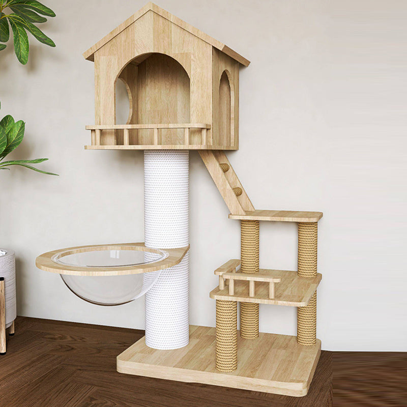 Contemporary Scandinavian Rectangular Rubberwood Paper Tube Hemp Rope 2-Condo 2-Perch Cat Tree For Bedroom