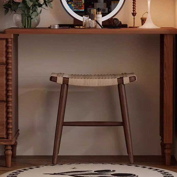 Traditional Rustic Rectangular Kraft Paper Rope Solid Wood Vanity Stool Backless Armless For Bedroom