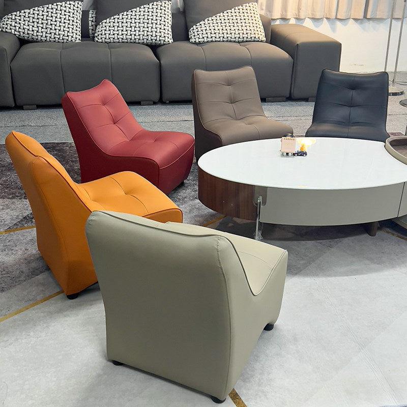 Modern Minimalist Rectangular Curved PU Leather Solid Wood Accent Chair Backrest Armless For Living Room