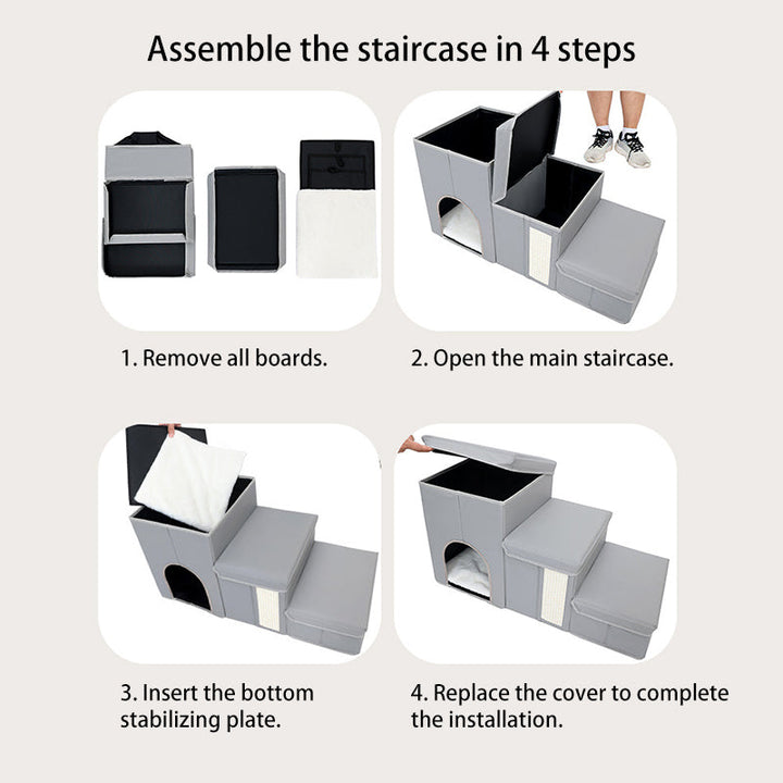 Modern Minimalist Rectangular Stair Steps Synthetic Fabric Medium Density Fiberboard Oxford Fabric Cat Bed Dog Bed 2-Storage For Bedroom