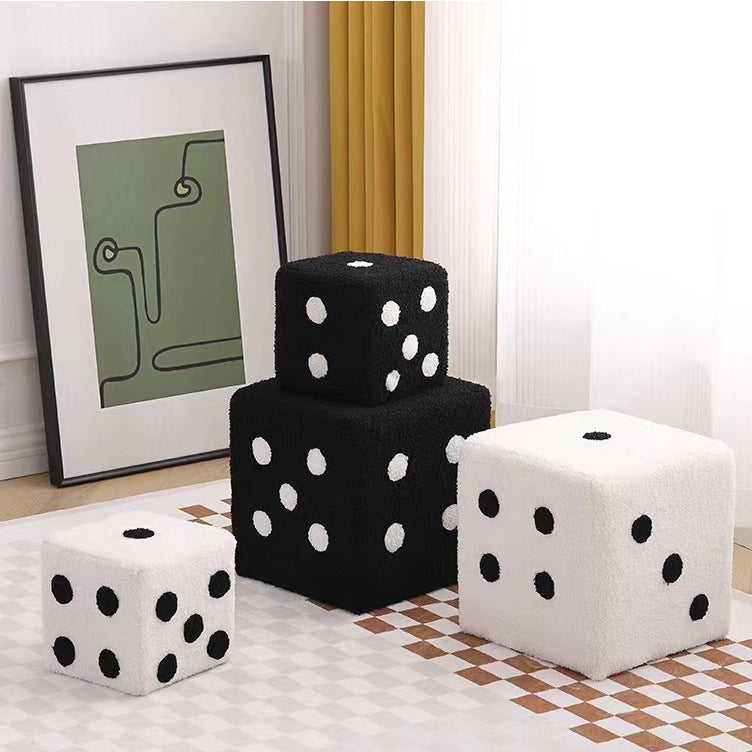 Contemporary Creative Sherpa Fleece &amp; Solid Wood Cube Dice-Shaped Low Stool With Non-Slip Pads For Bedroom &amp; Living Room