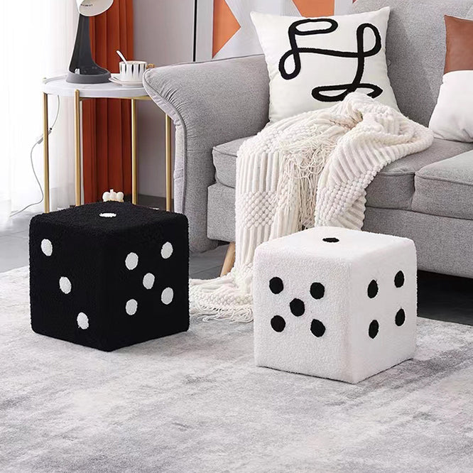 Contemporary Creative Sherpa Fleece &amp; Solid Wood Cube Dice-Shaped Low Stool With Non-Slip Pads For Bedroom &amp; Living Room