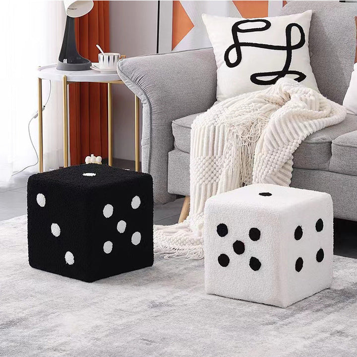 Contemporary Creative Sherpa Fleece &amp; Solid Wood Cube Dice-Shaped Low Stool With Non-Slip Pads For Bedroom &amp; Living Room