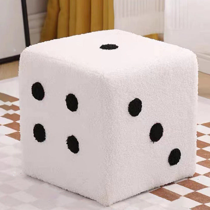 Contemporary Creative Sherpa Fleece &amp; Solid Wood Cube Dice-Shaped Low Stool With Non-Slip Pads For Bedroom &amp; Living Room