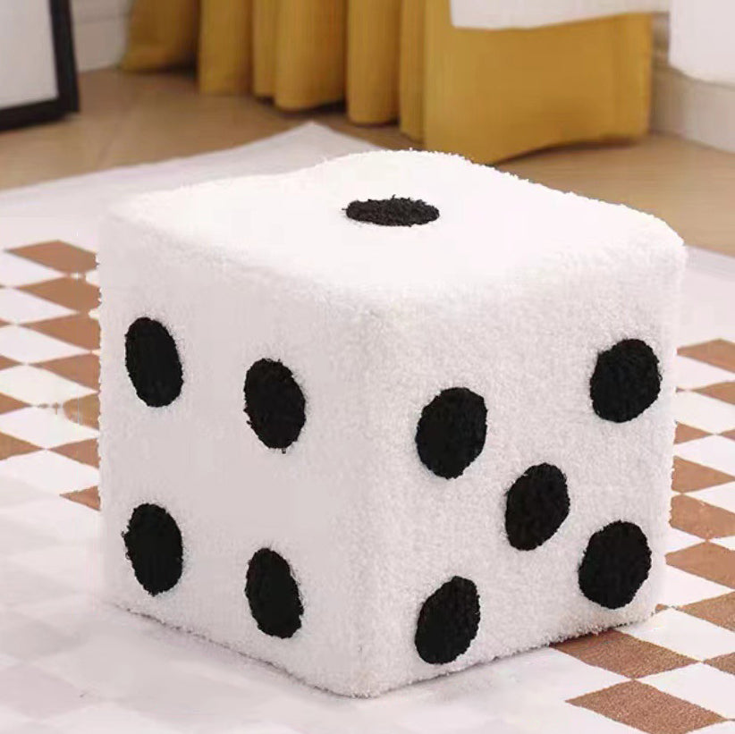 Contemporary Creative Sherpa Fleece &amp; Solid Wood Cube Dice-Shaped Low Stool With Non-Slip Pads For Bedroom &amp; Living Room