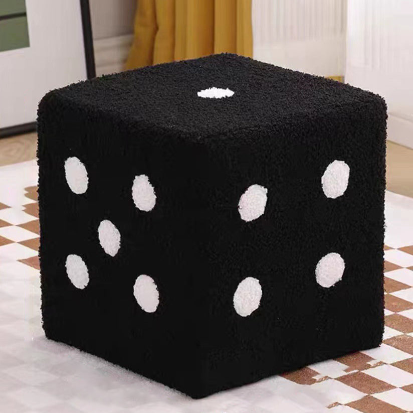 Contemporary Creative Sherpa Fleece &amp; Solid Wood Cube Dice-Shaped Low Stool With Non-Slip Pads For Bedroom &amp; Living Room