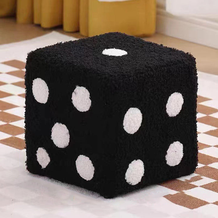 Contemporary Creative Sherpa Fleece &amp; Solid Wood Cube Dice-Shaped Low Stool With Non-Slip Pads For Bedroom &amp; Living Room