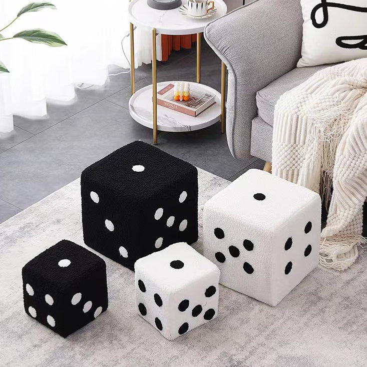 Contemporary Creative Sherpa Fleece &amp; Solid Wood Cube Dice-Shaped Low Stool With Non-Slip Pads For Bedroom &amp; Living Room
