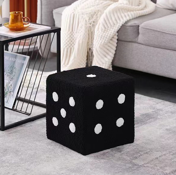 Contemporary Creative Sherpa Fleece &amp; Solid Wood Cube Dice-Shaped Low Stool With Non-Slip Pads For Bedroom &amp; Living Room